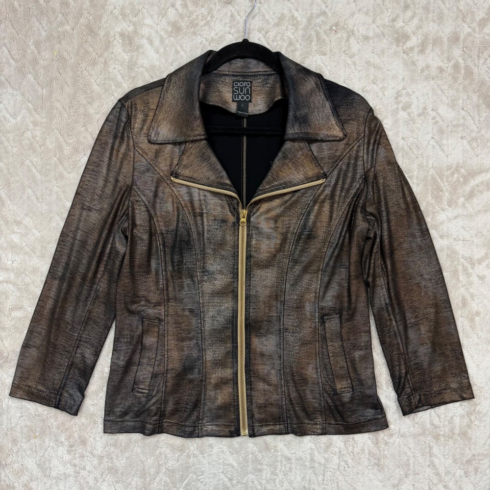 Clara Sun Woo Metallic Bronze Snakeskin Zip Front Jacket Womens Large
